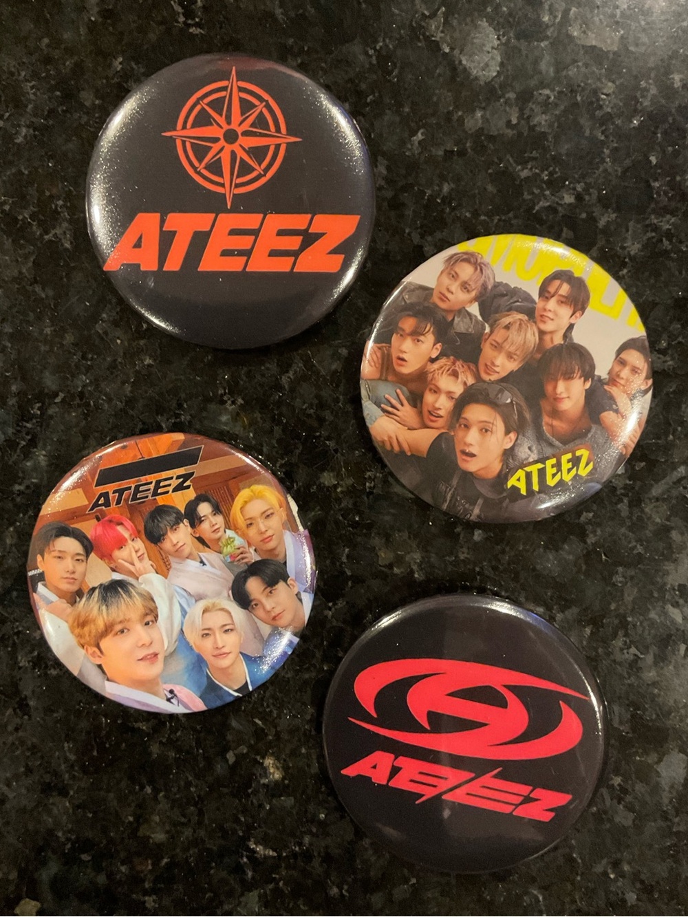 Four ATEEZ Buttons , 2 of Group Photos and 2 with logos - 2 1/4” collectors item